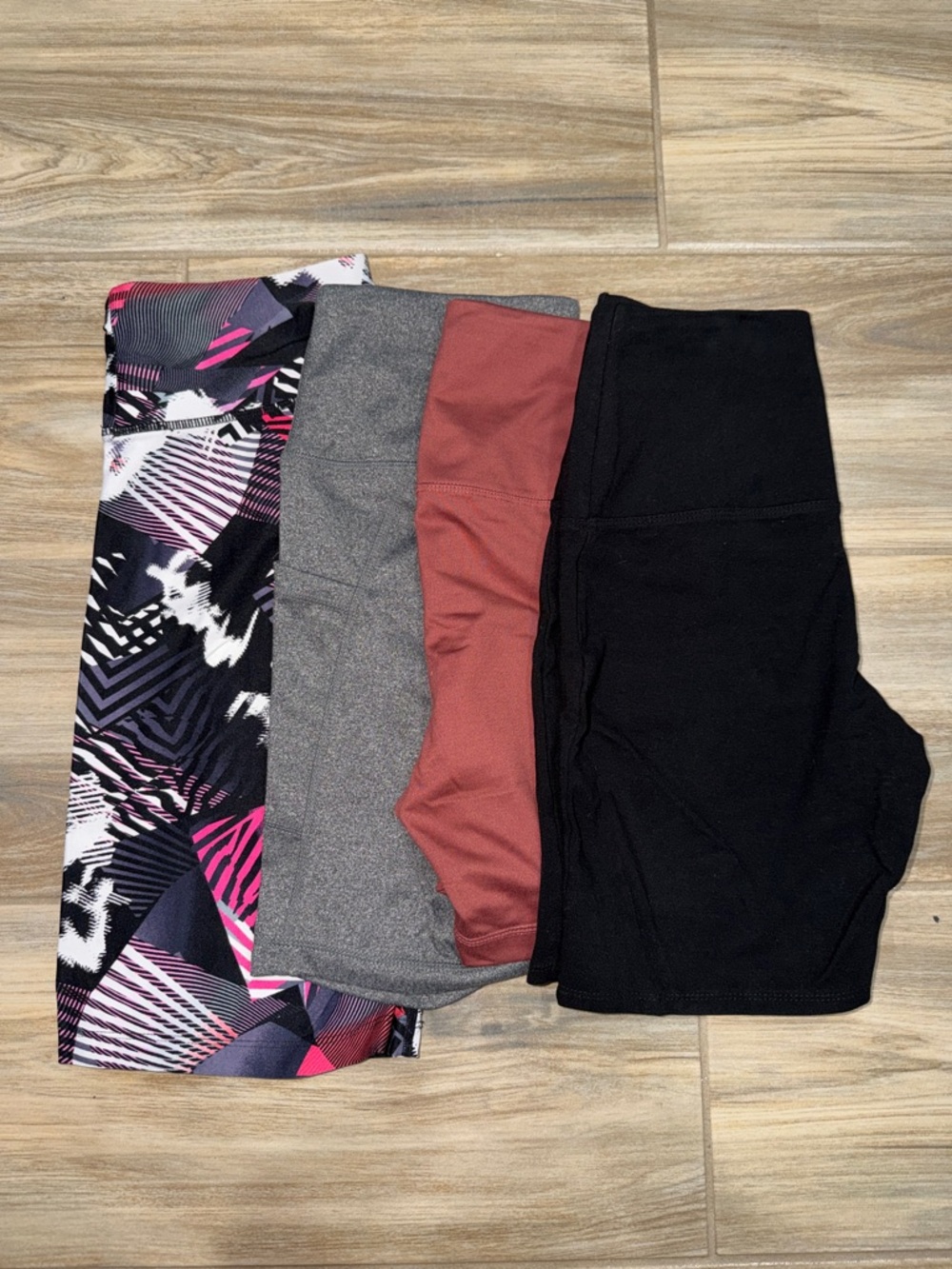 Women’s Athletic Shorts 4-Pack — Black, Gray, Rust, and Pink Geometric